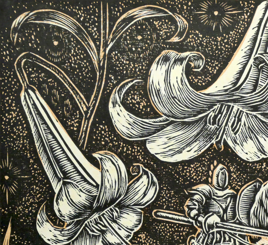 手島圭三郎「白ゆりの幻想」木版画　拡大画像1