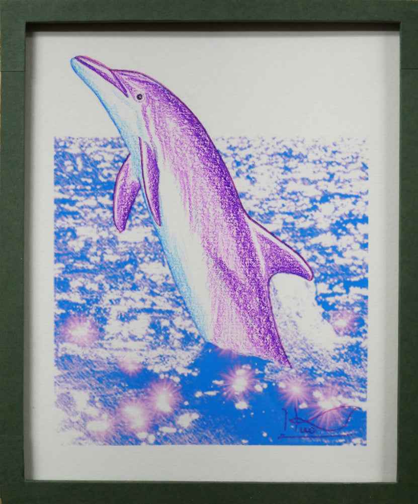 戸川郁夫「ドルフィンズ　スカイ」キャンバスにジークレー版画　額裏拡大画像1（直筆サイン入り作品あり）