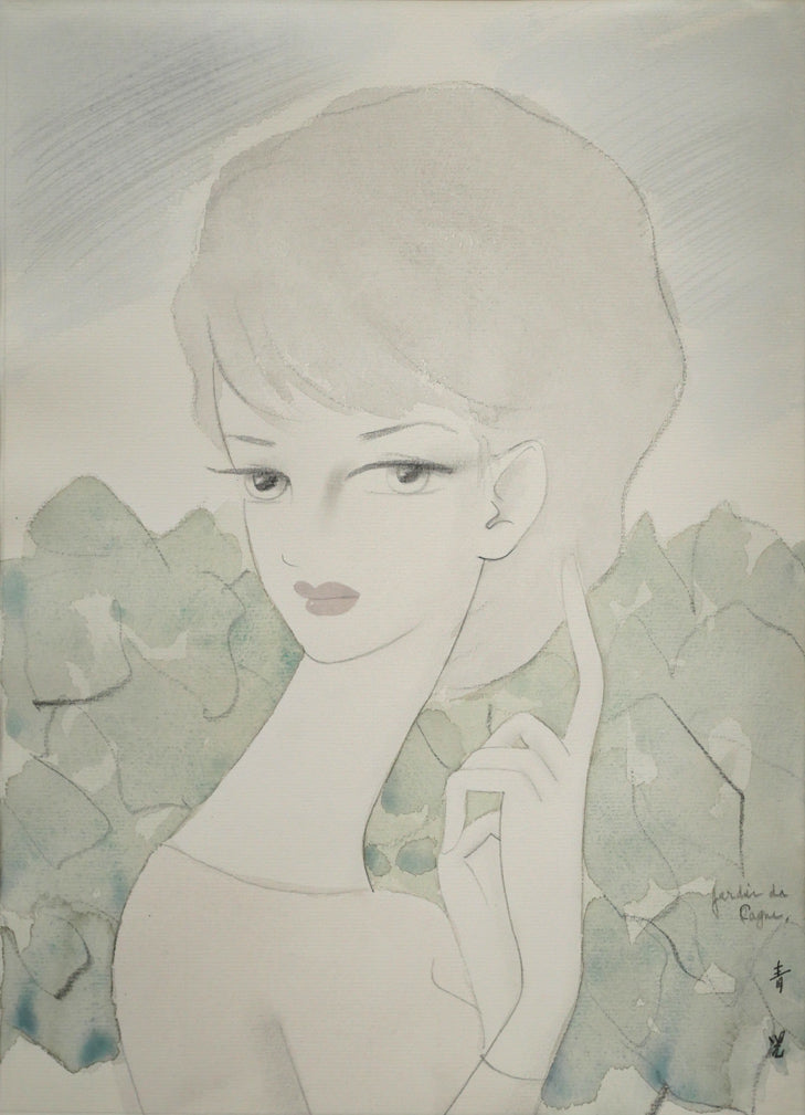 東郷青児「婦人像（カーニュの庭）」水彩画・4号色紙　作品全体画像