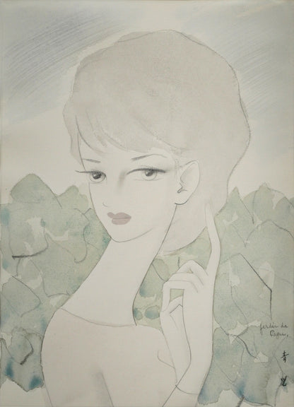 東郷青児「婦人像（カーニュの庭）」水彩画・4号色紙　作品全体画像