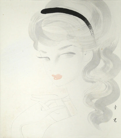東郷青児「婦人像 （ピエール水彩額縁使用）」水彩画・色紙　作品全体画像