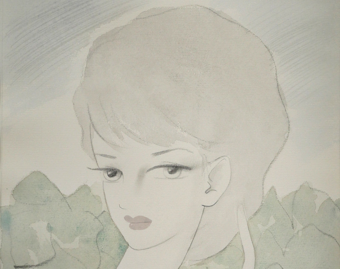 東郷青児「婦人像（カーニュの庭）」水彩画・4号色紙　拡大画像1