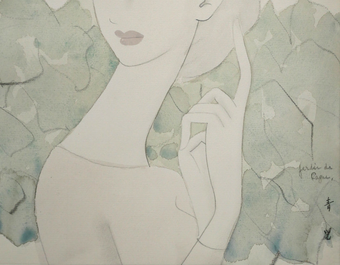 東郷青児「婦人像（カーニュの庭）」水彩画・4号色紙　拡大画像3