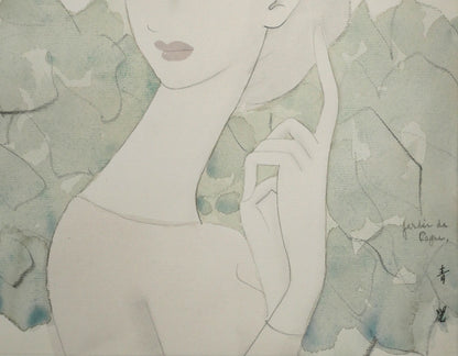 東郷青児「婦人像（カーニュの庭）」水彩画・4号色紙　拡大画像3