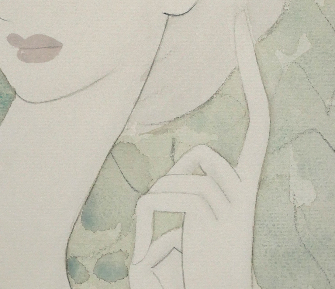 東郷青児「婦人像（カーニュの庭）」水彩画・4号色紙　拡大画像4