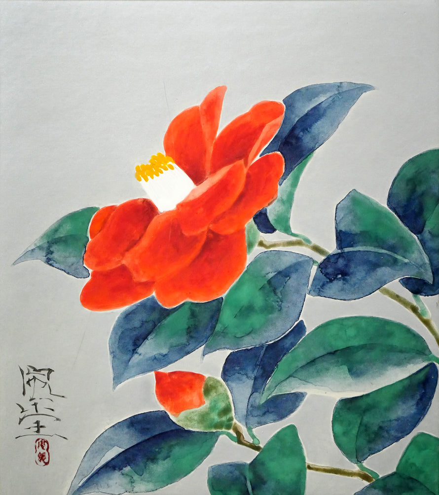 富取風堂「椿花」日本画・色紙　作品全体画像