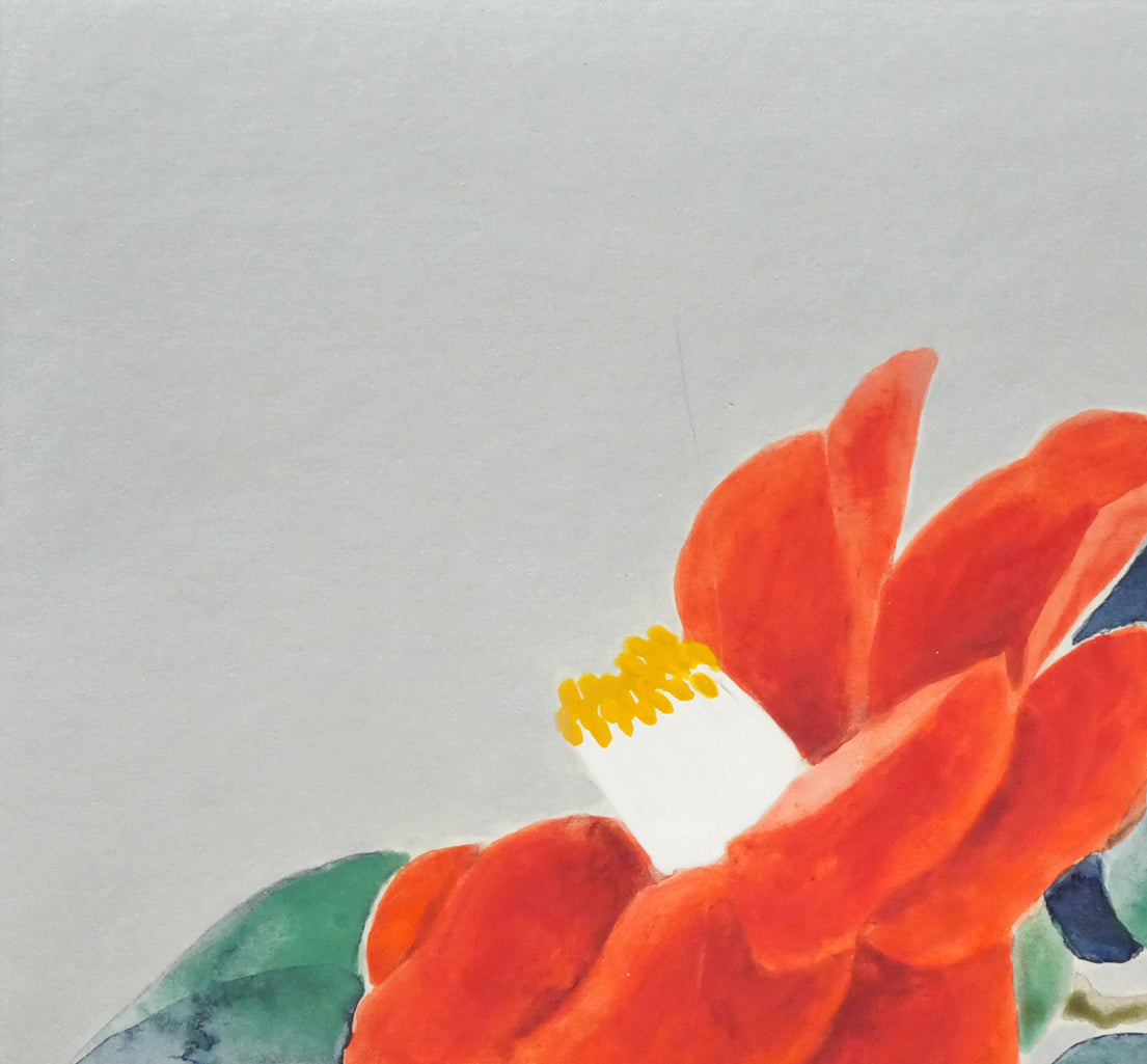 富取風堂「椿花」日本画・色紙　拡大画像1
