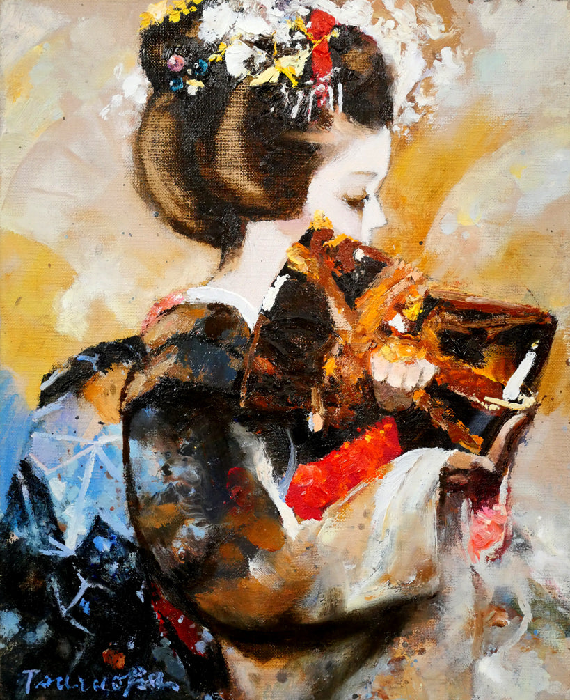 鶴岡義雄「鼓（舞妓）」油絵・F3号　作品全体画像