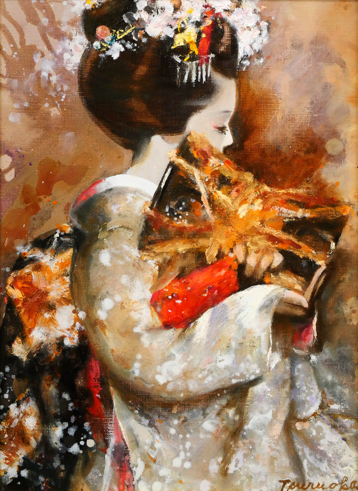 鶴岡義雄「鼓（舞妓）」油絵・F4号　作品全体画像