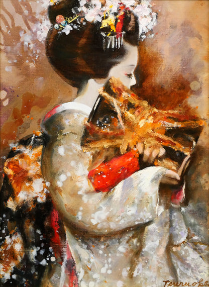 鶴岡義雄「鼓（舞妓）」油絵・F4号　作品全体画像