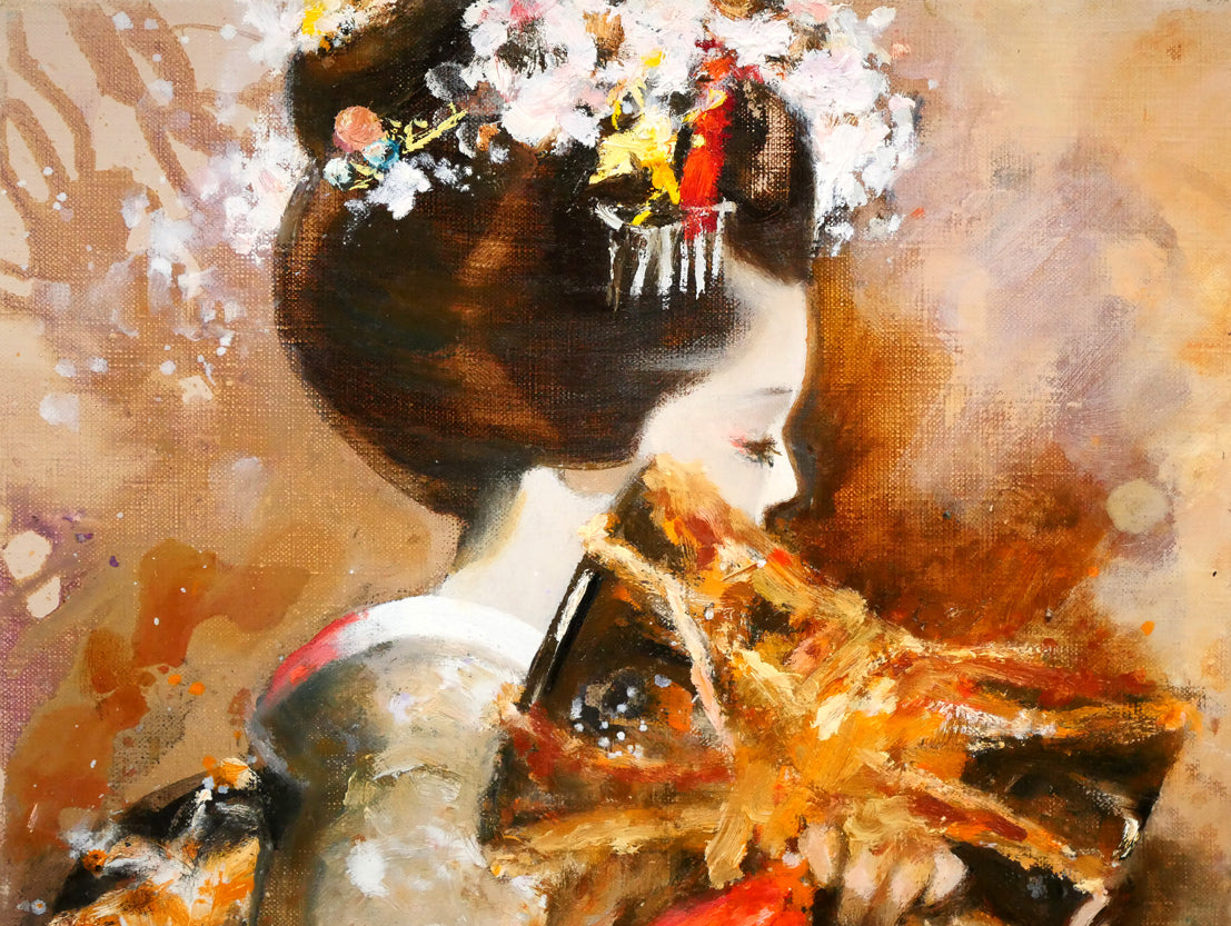 鶴岡義雄「鼓（舞妓）」油絵・F4号　拡大画像1