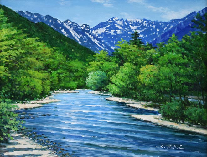 坪井志朗「穂高と清流」油絵・F6号　作品全体拡大画像