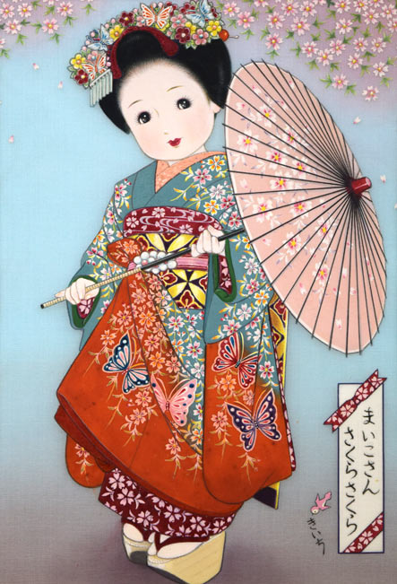 蔦谷喜一「まいこさん・さくらさくら」絹布に彩色・3号　作品全体拡大画像