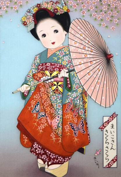蔦谷喜一「まいこさん・さくらさくら」絹布に彩色・3号　作品全体拡大画像