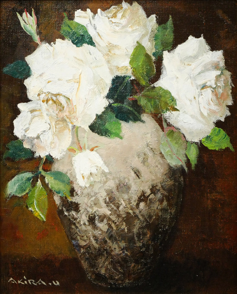 内田晃「白バラ」油絵・F3号　作品全体画像