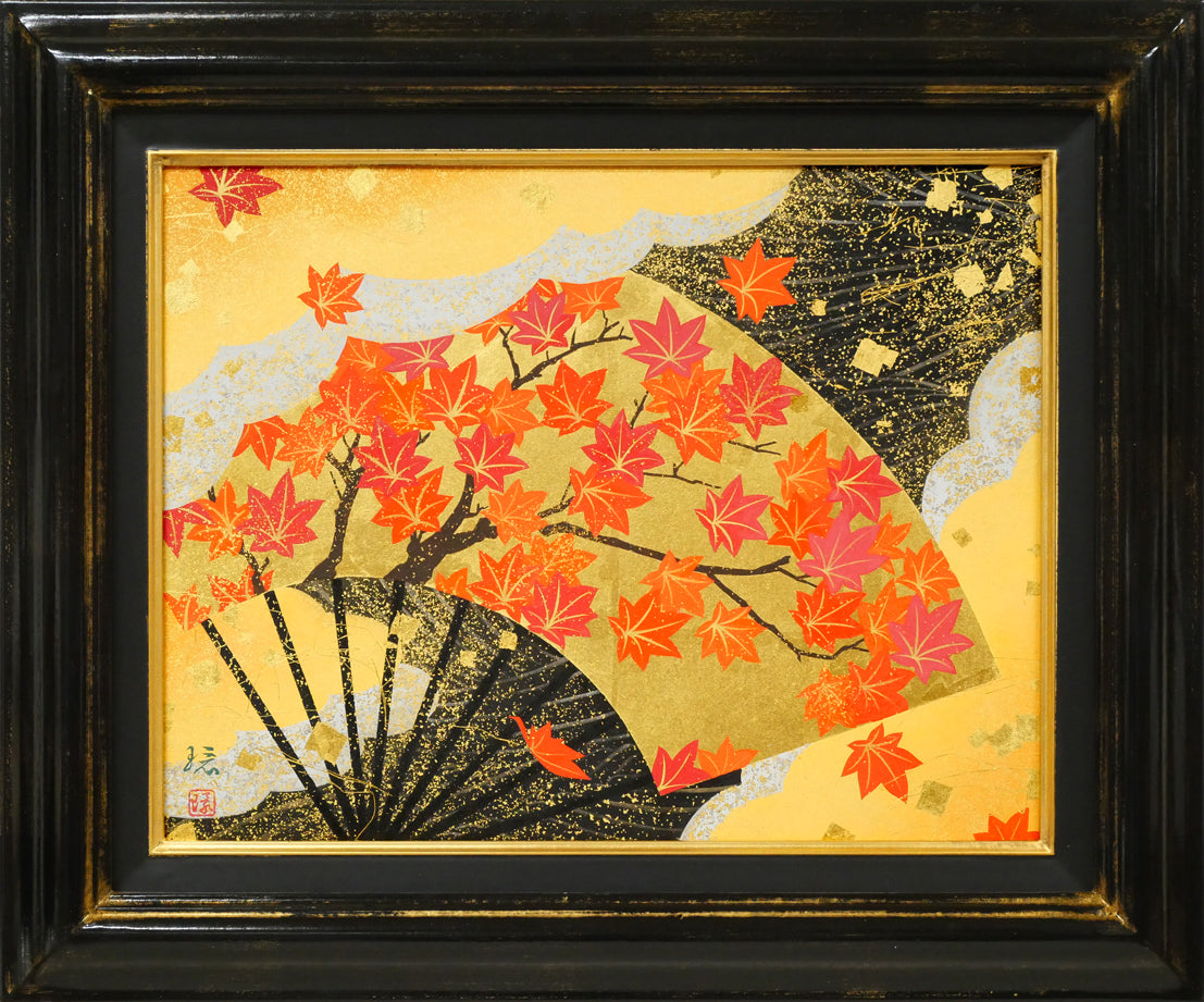 植田環「扇面輝図　紅葉」日本画・F6号