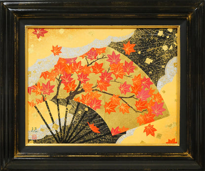 植田環「扇面輝図　紅葉」日本画・F6号