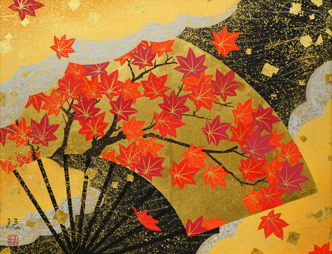 植田環「扇面輝図　紅葉」日本画・F6号　作品全体画像