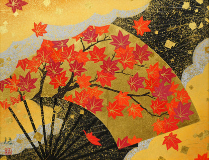 植田環「扇面輝図　紅葉」日本画・F6号　作品全体画像