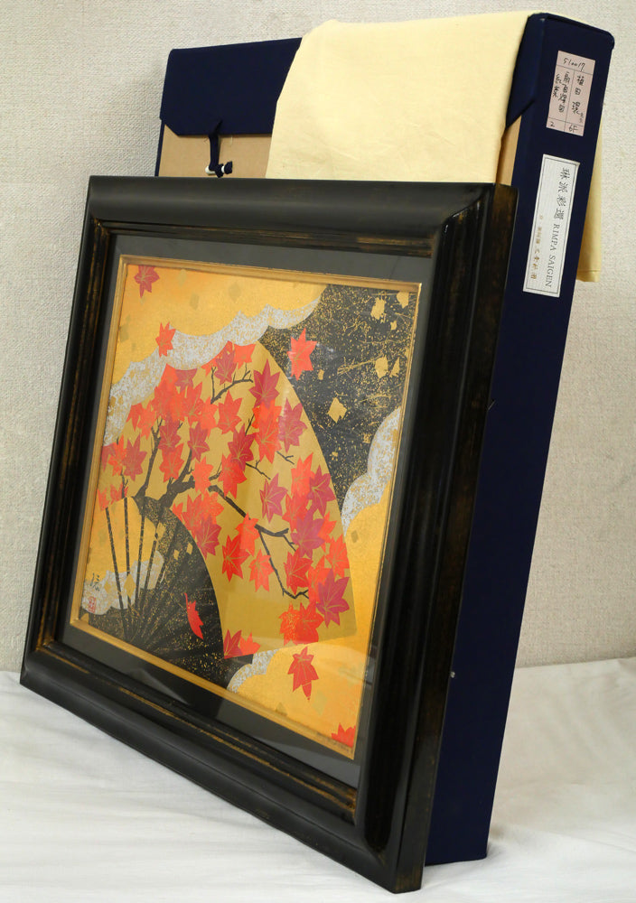 植田環「扇面輝図　紅葉」日本画・F6号　付属品画像（黄袋、布タトウ箱付き）
