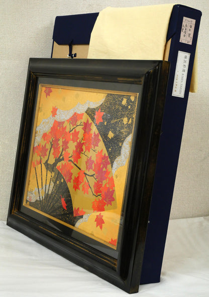 植田環「扇面輝図　紅葉」日本画・F6号　付属品画像（黄袋、布タトウ箱付き）