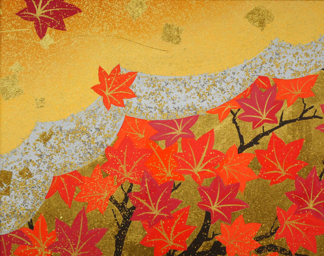 植田環「扇面輝図　紅葉」日本画・F6号　拡大画像1