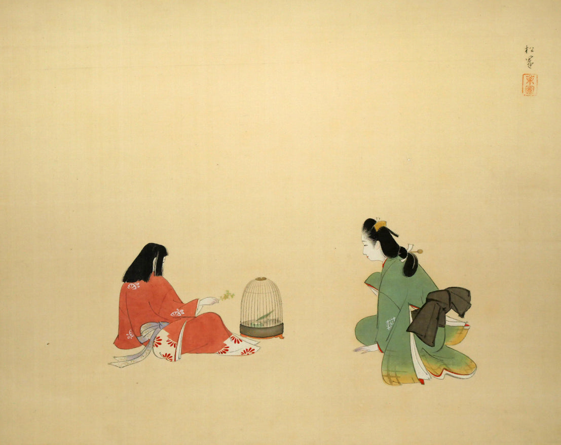 上村松園「春乃小鳥」絹本・彩色・6号　作品全体画像