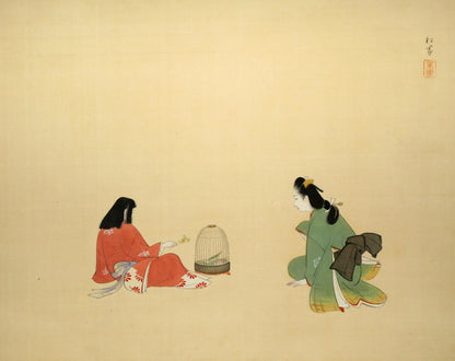 上村松園「春乃小鳥」絹本・彩色・6号　作品全体画像