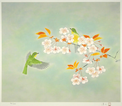 上村淳之「春信（和歌山県鳥　目白）」リトグラフ　作品全体画像