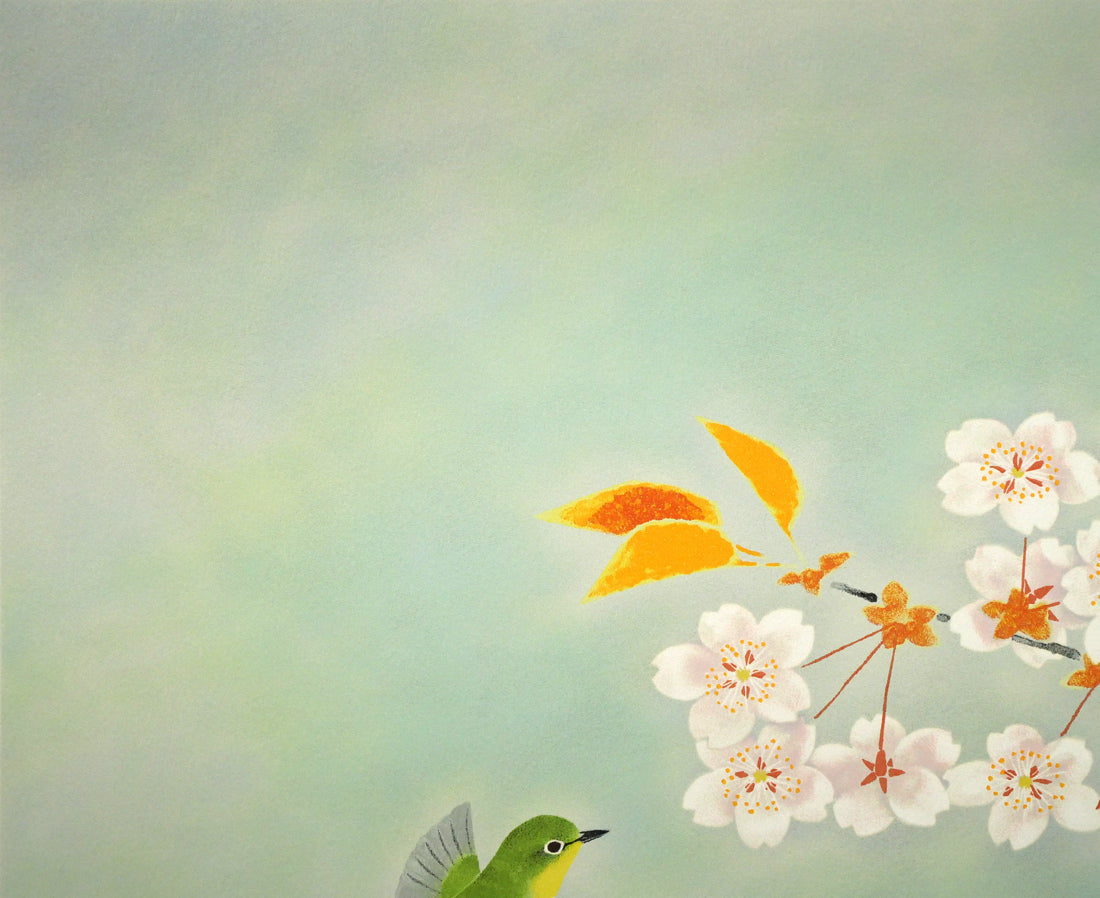 上村淳之「春信（和歌山県鳥　目白）」リトグラフ　拡大画像1