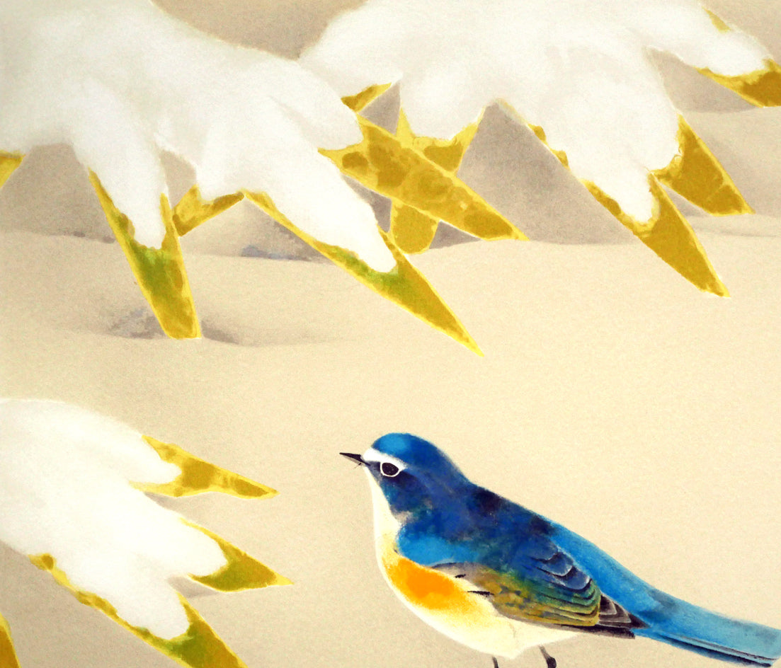 上村淳之「雪中小禽」リトグラフ　拡大画像1