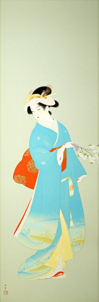 上村松園「春信」シルクスクリーン版画・絹本　作品全体画像