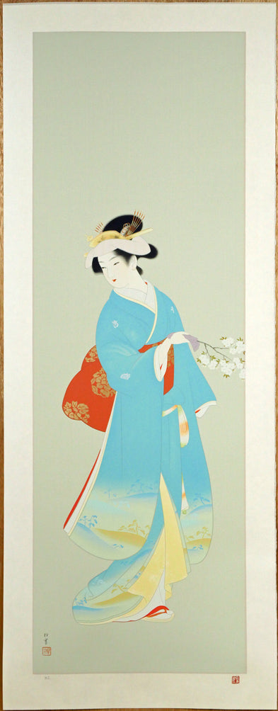 上村松園「春信」シルクスクリーン版画・絹本　作品シート全体画像