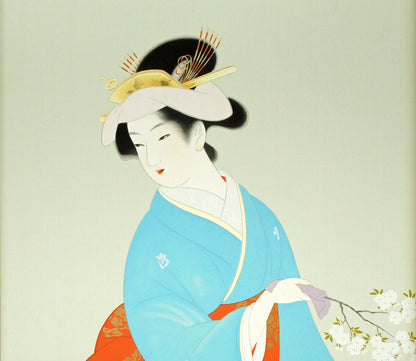上村松園「春信」シルクスクリーン版画・絹本　拡大画像1