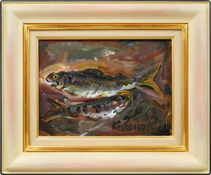 上野山清貢「魚二匹」油絵・F4号