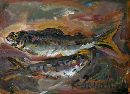 上野山清貢「魚二匹」油絵・F4号　作品全体画像