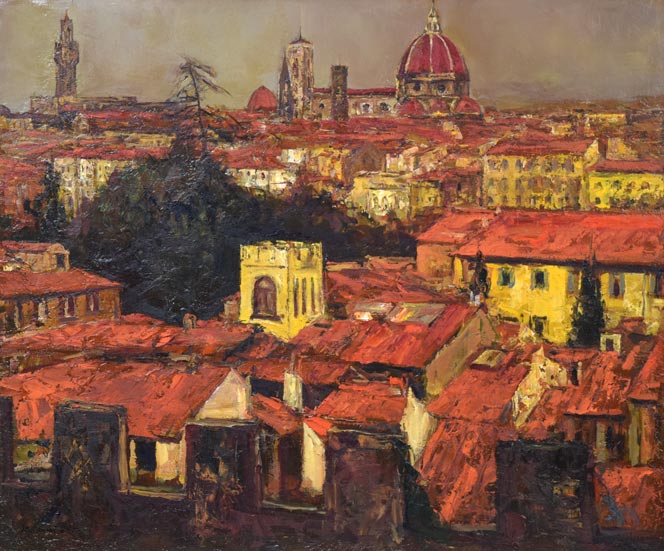 浮田克躬「フィレンツェのあかい屋根（イタリア）」油絵・F20号　作品全体画像　最高級バーミリオン（Vermilion：朱色）を ふんだんに使用した最高傑作品