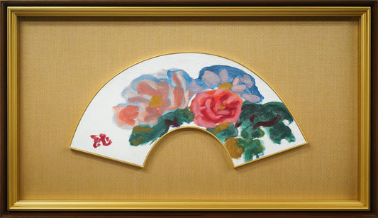 梅原龍三郎「薔薇」扇面・油絵10号