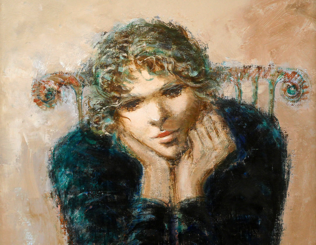 碓井正人「ほおづえをつく女」油絵・P8号　拡大画像1