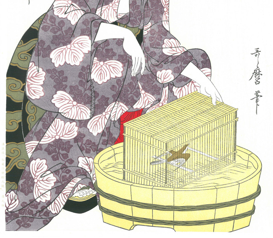 喜多川歌麿「名婦詠歌　花鳥風月　鳥　紫式部（復刻版）」木版画　拡大画像5