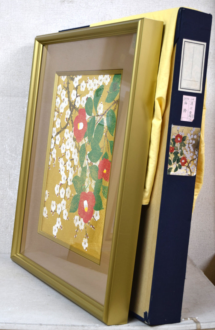 渡辺章雄「梅椿」日本画・F6号　付属品画像（黄袋、布タトウ箱付）