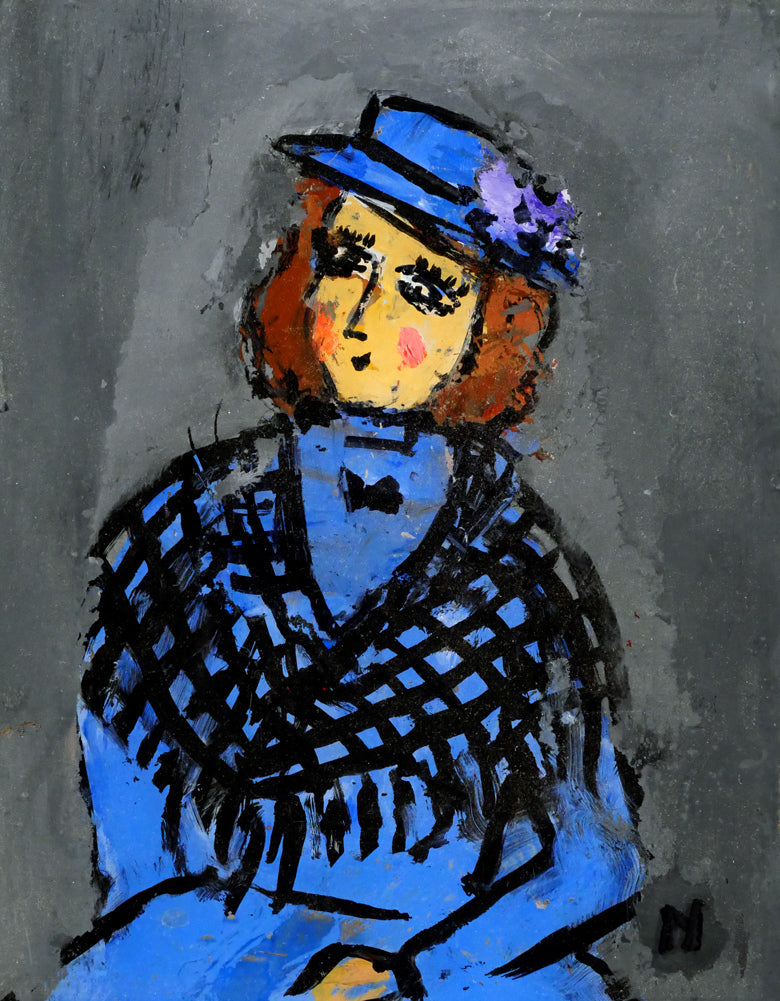 八木伸子「青い服の人形」ガラス絵・F0号 絵画買取・販売の小竹美術