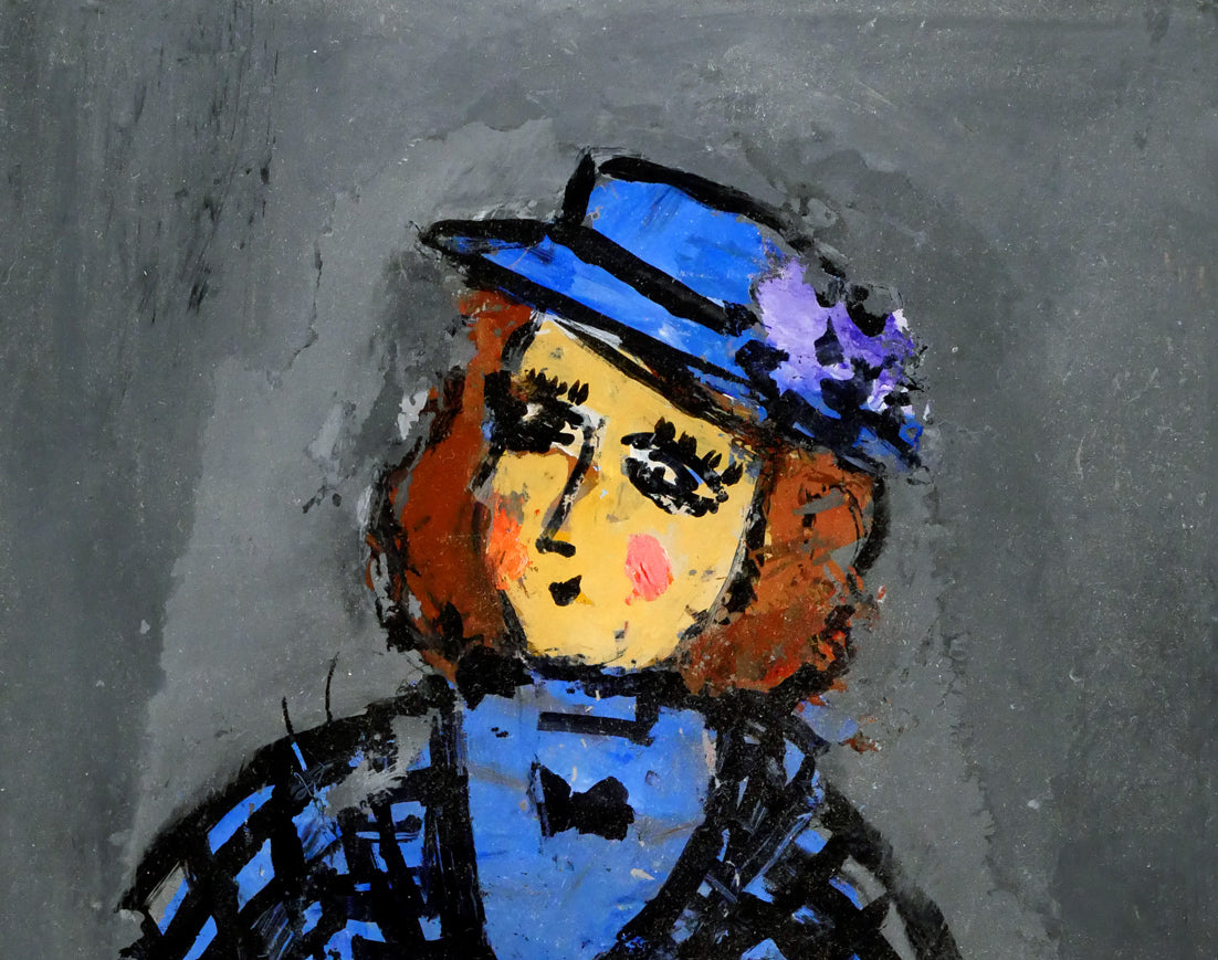 八木伸子「青い服の人形」ガラス絵・F0号　拡大画像1