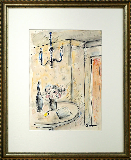 八木伸子「花のある室内」水彩画・4号