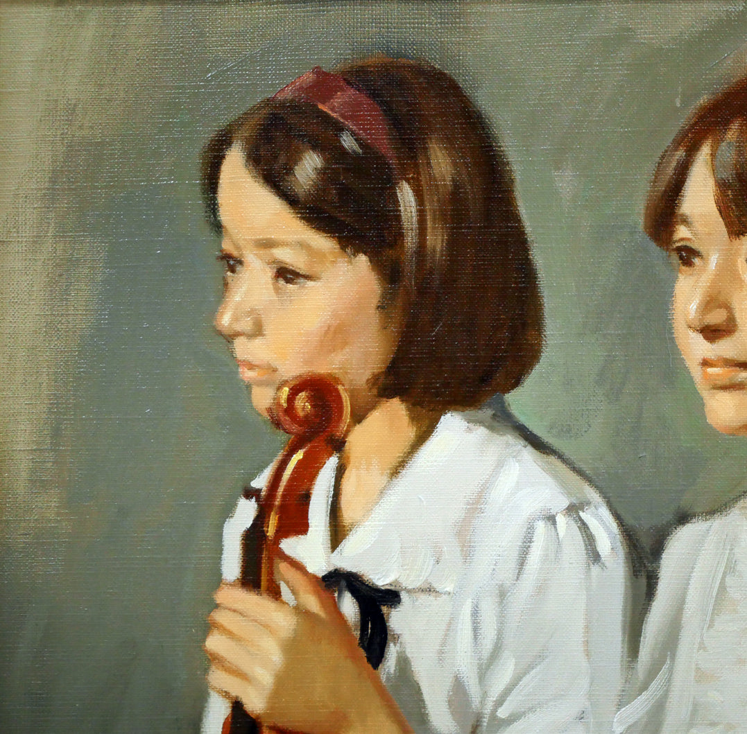 山岸正巳「二人のバイオリニスト」油絵・F8号　拡大画像1