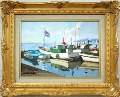 山岸正巳「岩内漁港」油絵・F4号