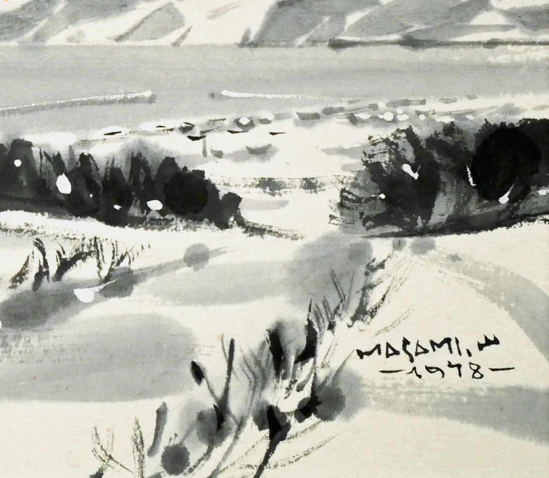 山岸正巳「老古美（おいこみ）より積丹半島遠望」水墨画　拡大画像4