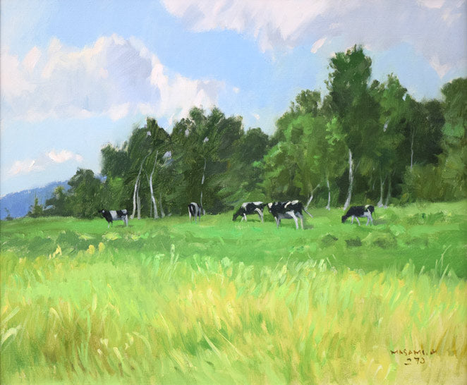 山岸正巳「牛のいる風景」油絵・F8号　作品全体拡大画像