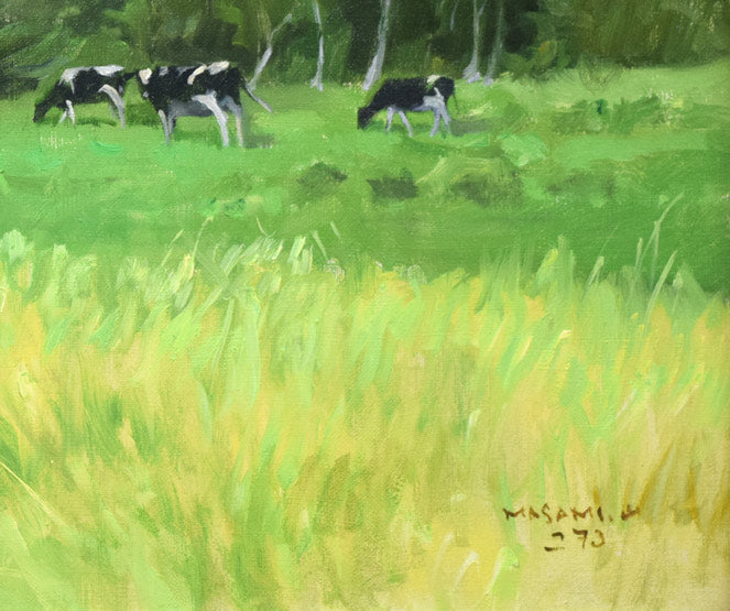 山岸正巳「牛のいる風景」油絵・F8号　拡大画像4