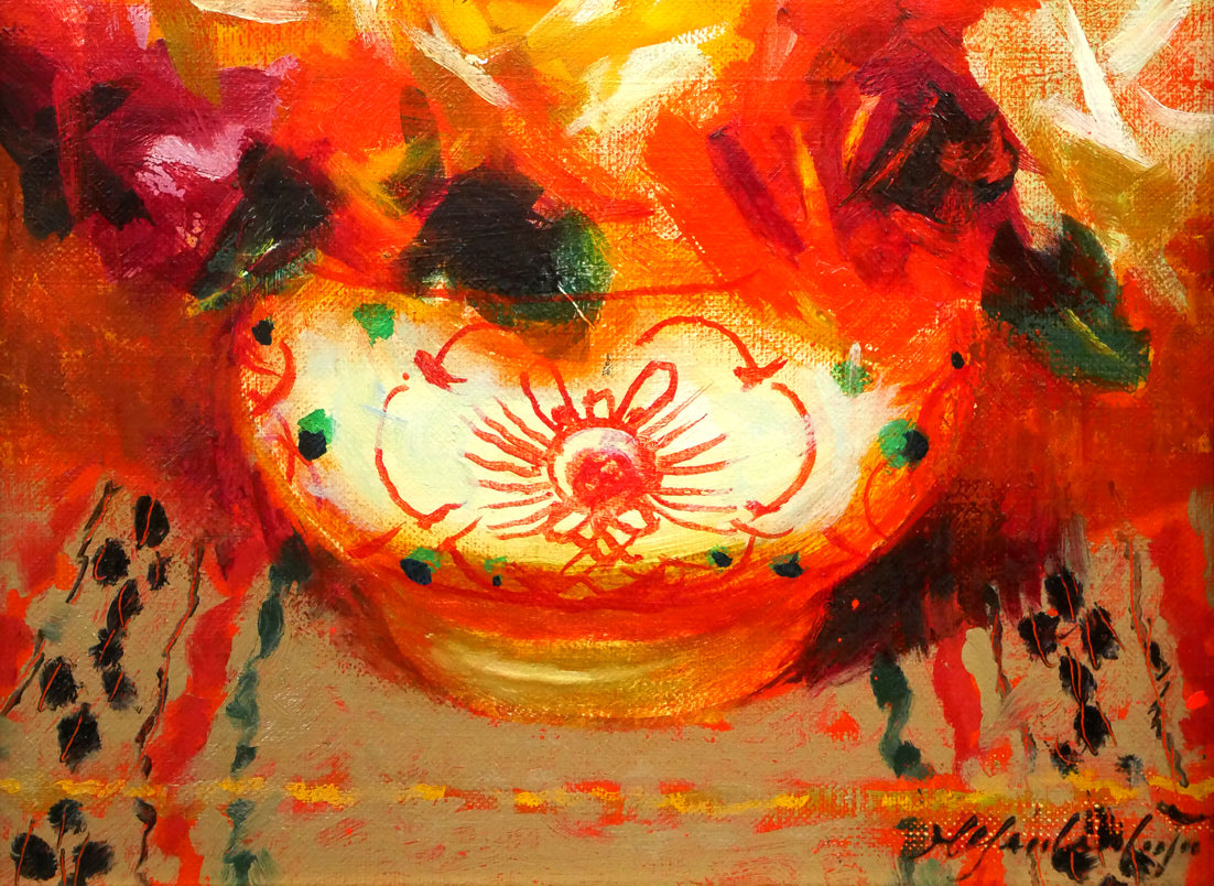 山本彪一「薔薇」油絵・F3号　拡大画像3
